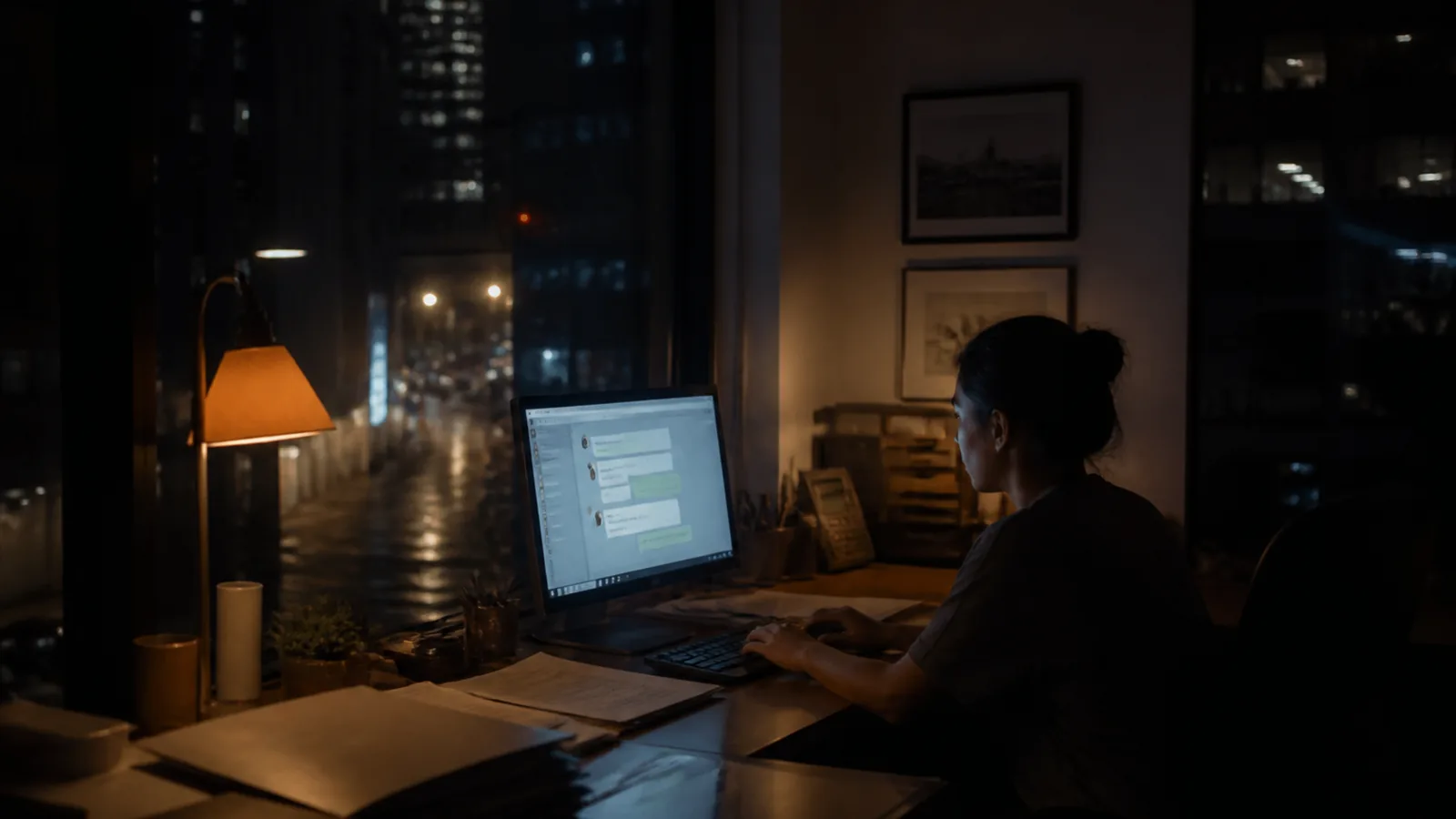 Night-time interior of a small service business office, a single screen glowing with an incoming chat conversation, empty