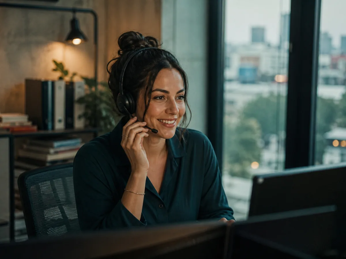 Office manager smiling while taking a call, headset, calm modern small office, natural light