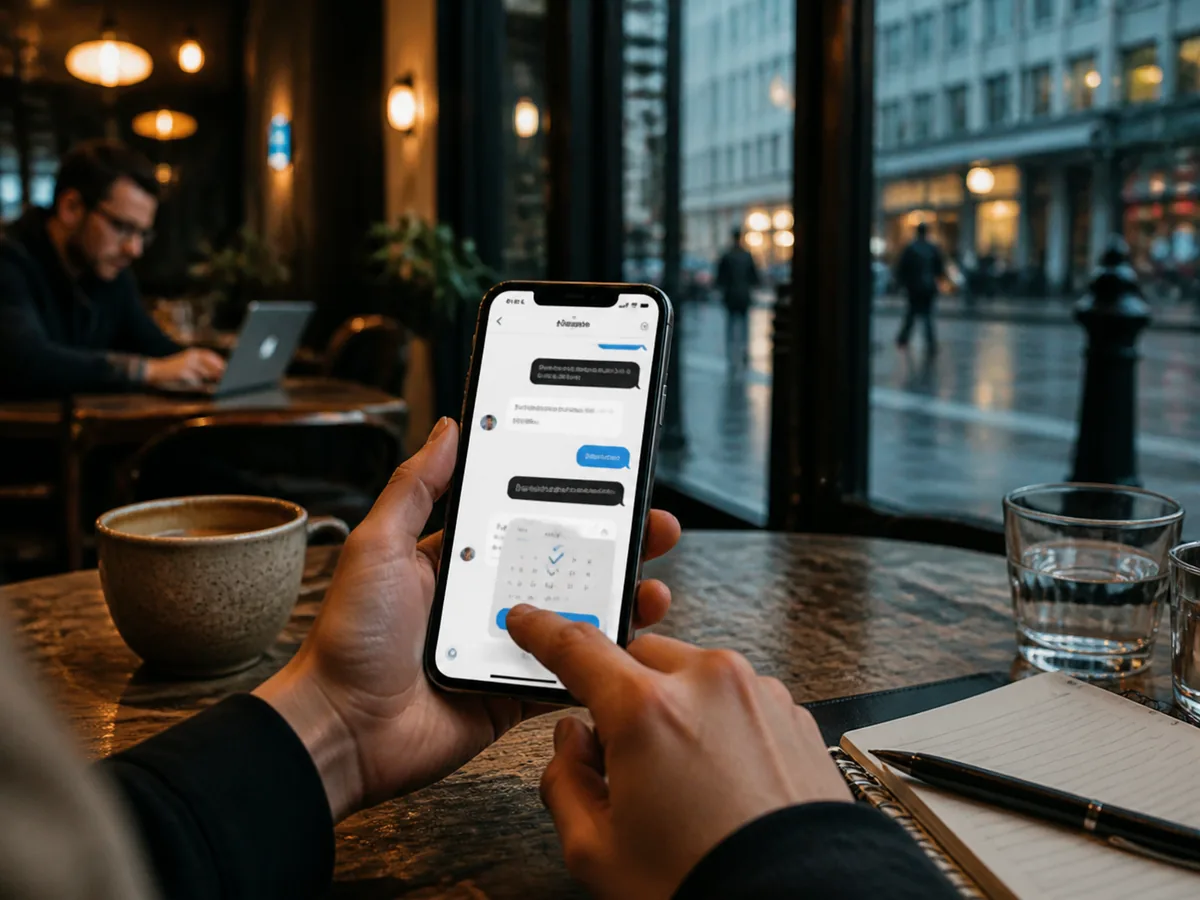 Phone in a customer's hand showing a fast, helpful chat exchange and a confirmed booking, cafe table, daytime