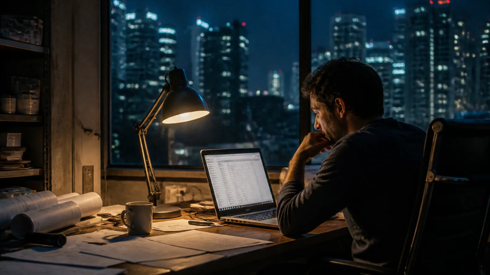 A single desk lamp lit at night in a small contractor office, laptop open with a list of target companies, city skyline