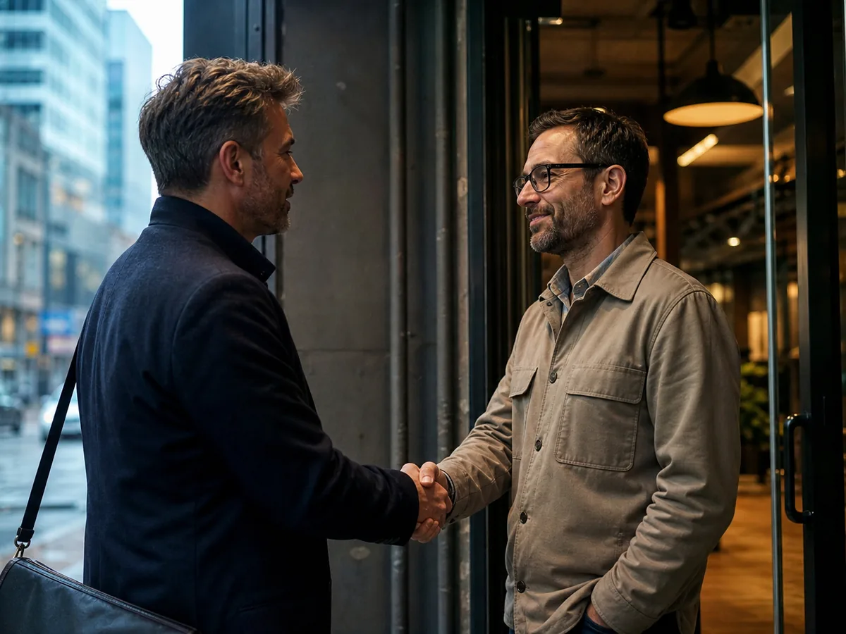 A sales manager and an owner shaking hands in a doorway of a commercial building, daylight, documentary style
