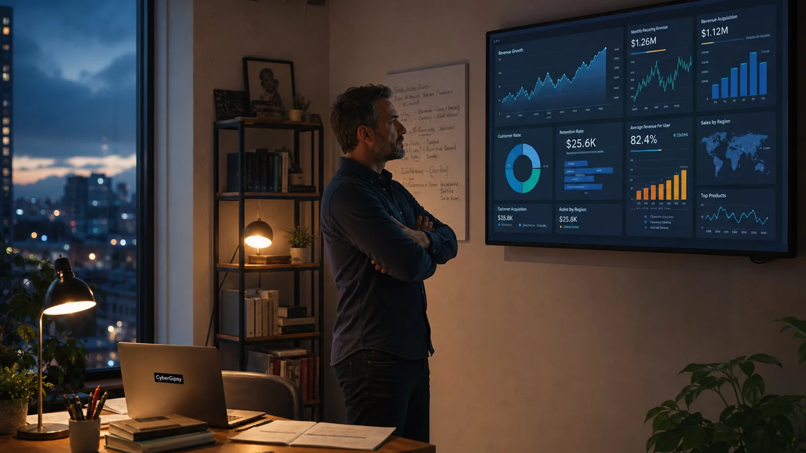 A wall-mounted screen in a small company office showing clean business charts, an owner standing in front of it with arms