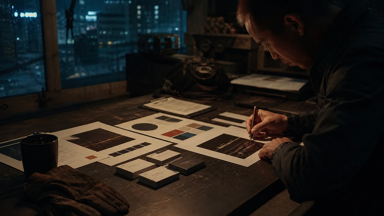 A printed brand guide, business cards and a proposal document laid out on a dark workshop table beside work gloves