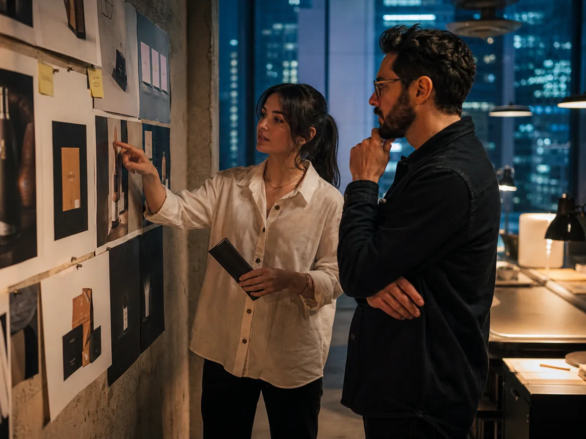Designer and business owner reviewing printed layouts pinned to a wall, both engaged, natural light