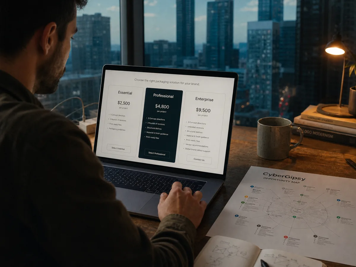 Laptop showing a clean three-tier pricing page, printed proposal next to it, morning light