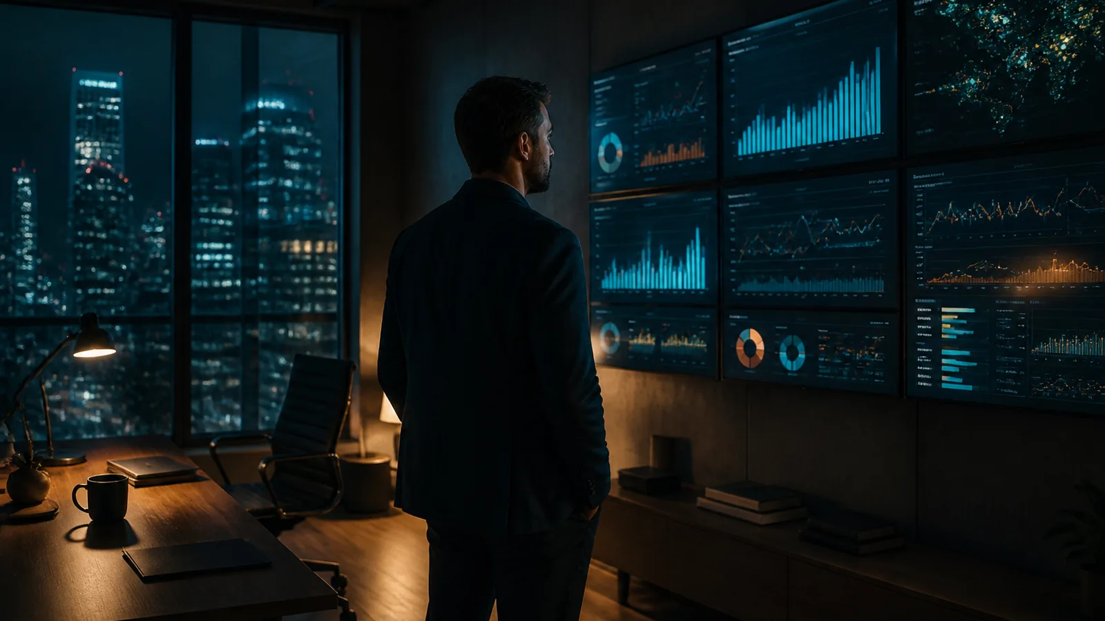 An owner standing alone in a quiet office at night looking at a wall of calm dashboards, city visible through the window