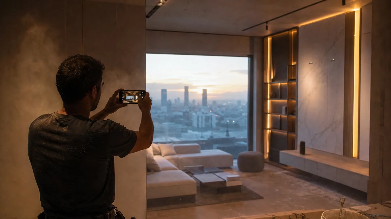 A finished renovation being photographed on a phone by a worker, dust still in the air, golden hour light through a