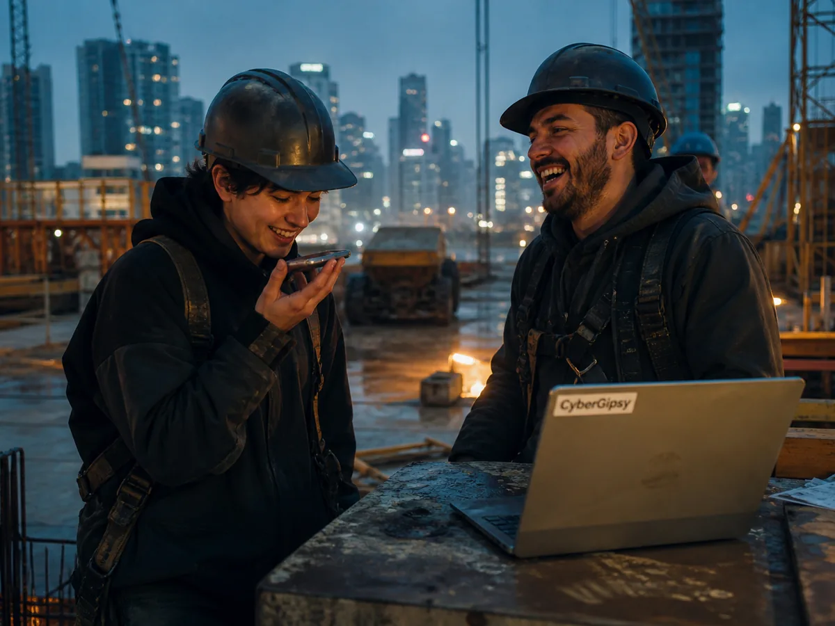 Two people recording a short voice note on a construction site, one holding a phone, both mid-laugh