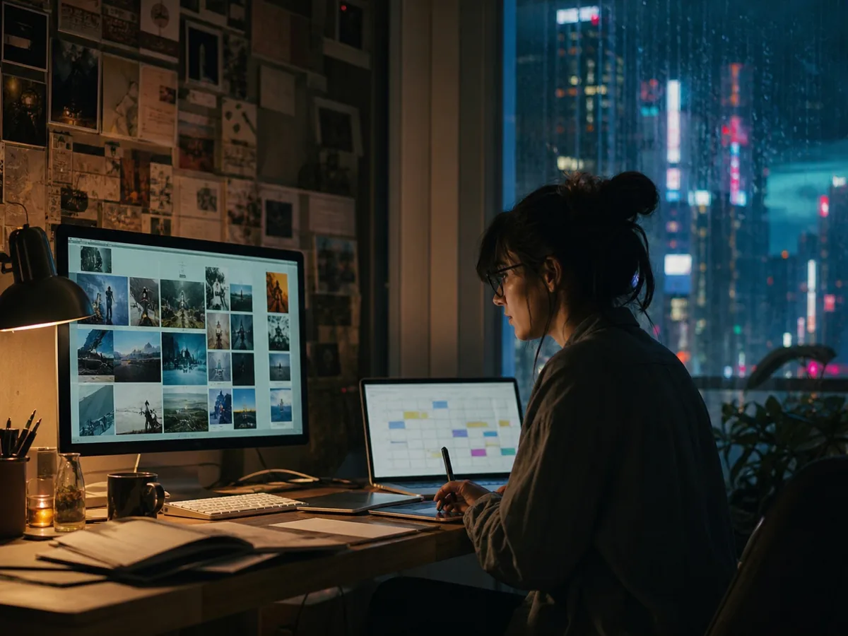 Grid of published articles and social posts on a monitor, notebook with a content calendar beside it