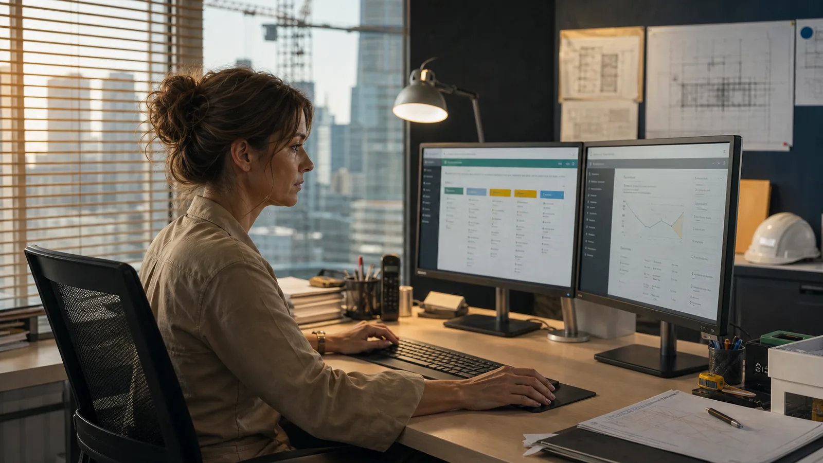An office manager at a tidy desk in a small construction company, dual screens showing a clean deal pipeline, morning