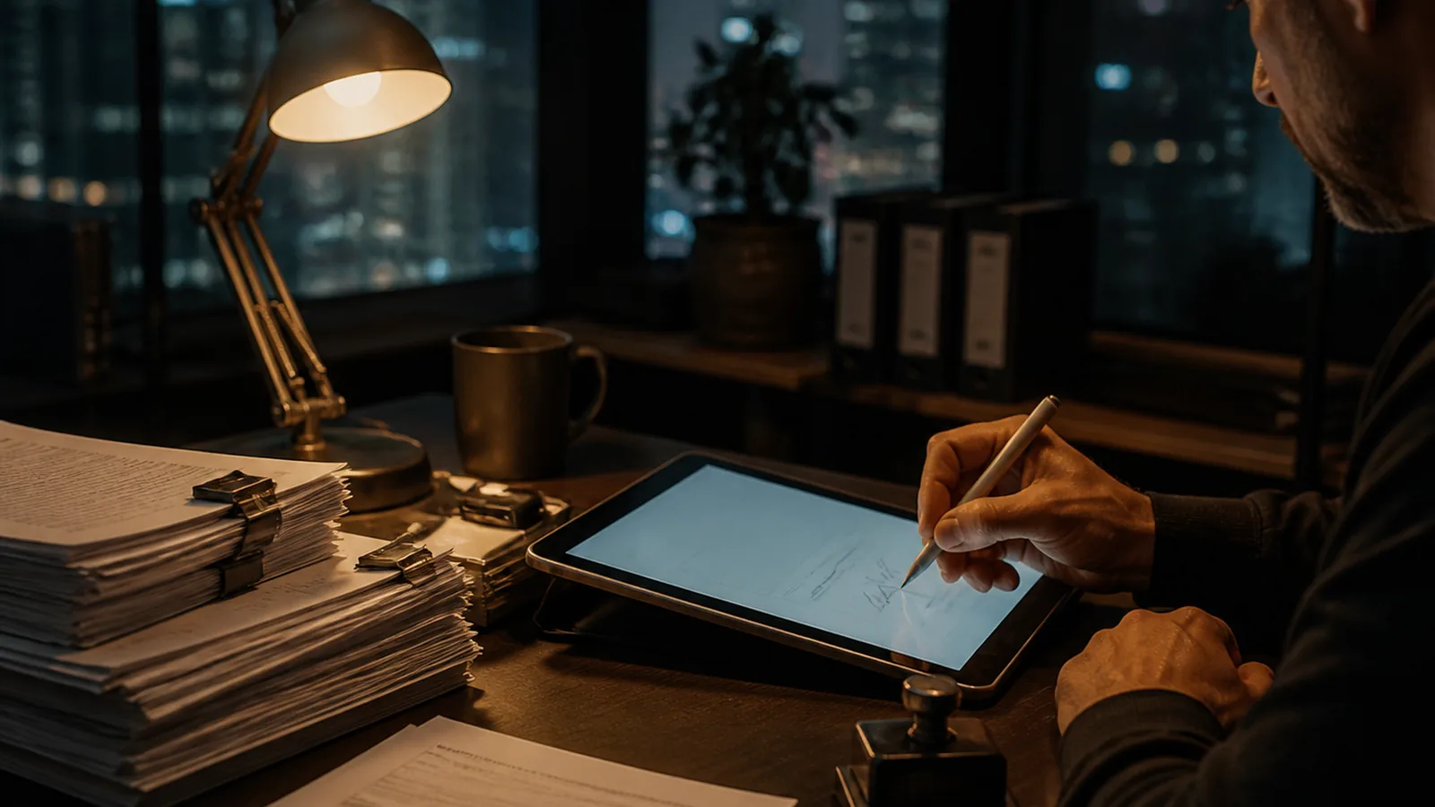 Neat stacks of signed documents and a tablet showing an e-signature on a dark desk, single warm light, still life