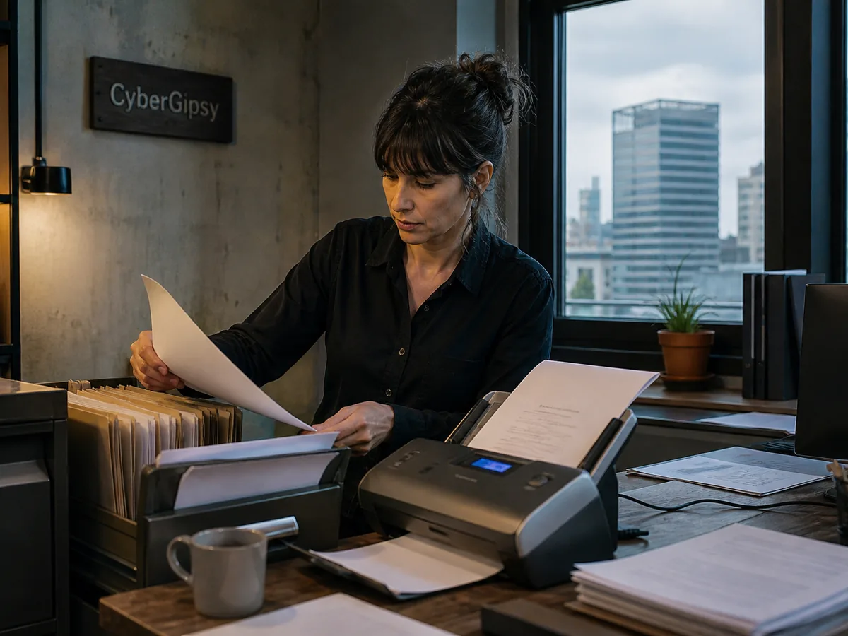 Office manager filing and scanning documents, small tidy office, daylight