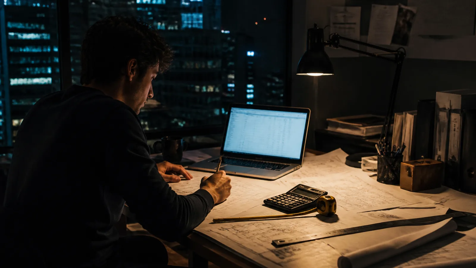 An estimator's desk at night with drawings, a laptop showing a quote document, tape measure and calculator, warm desk