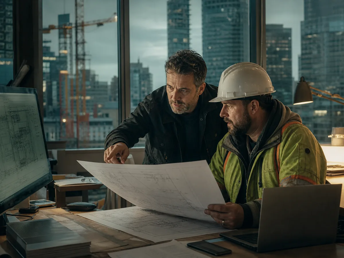 Estimator and site manager comparing a drawing and a screen, focused, daylight through a site window
