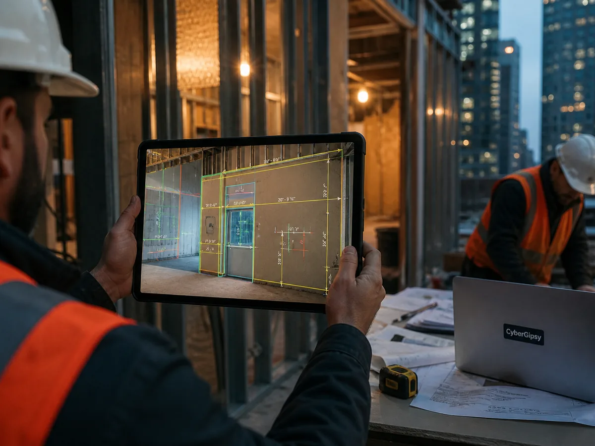 Tablet on site showing a takeoff overlay on a photograph of a wall, worker's hand holding it