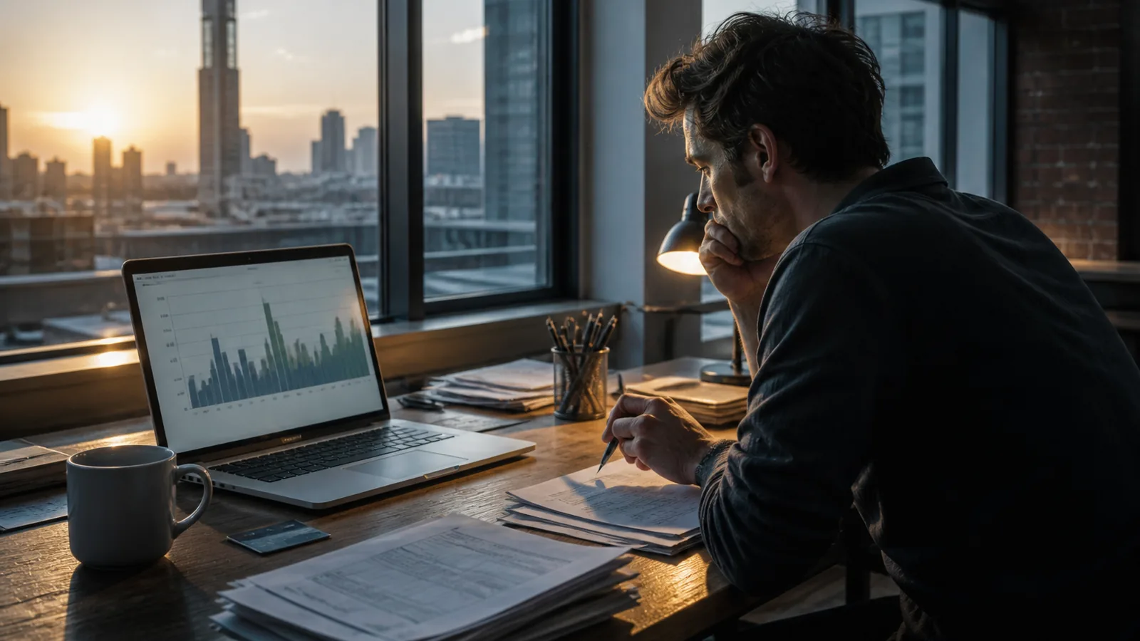 A desk with a laptop showing a cashflow chart, coffee, a bank card and a stack of invoices, warm morning light through a