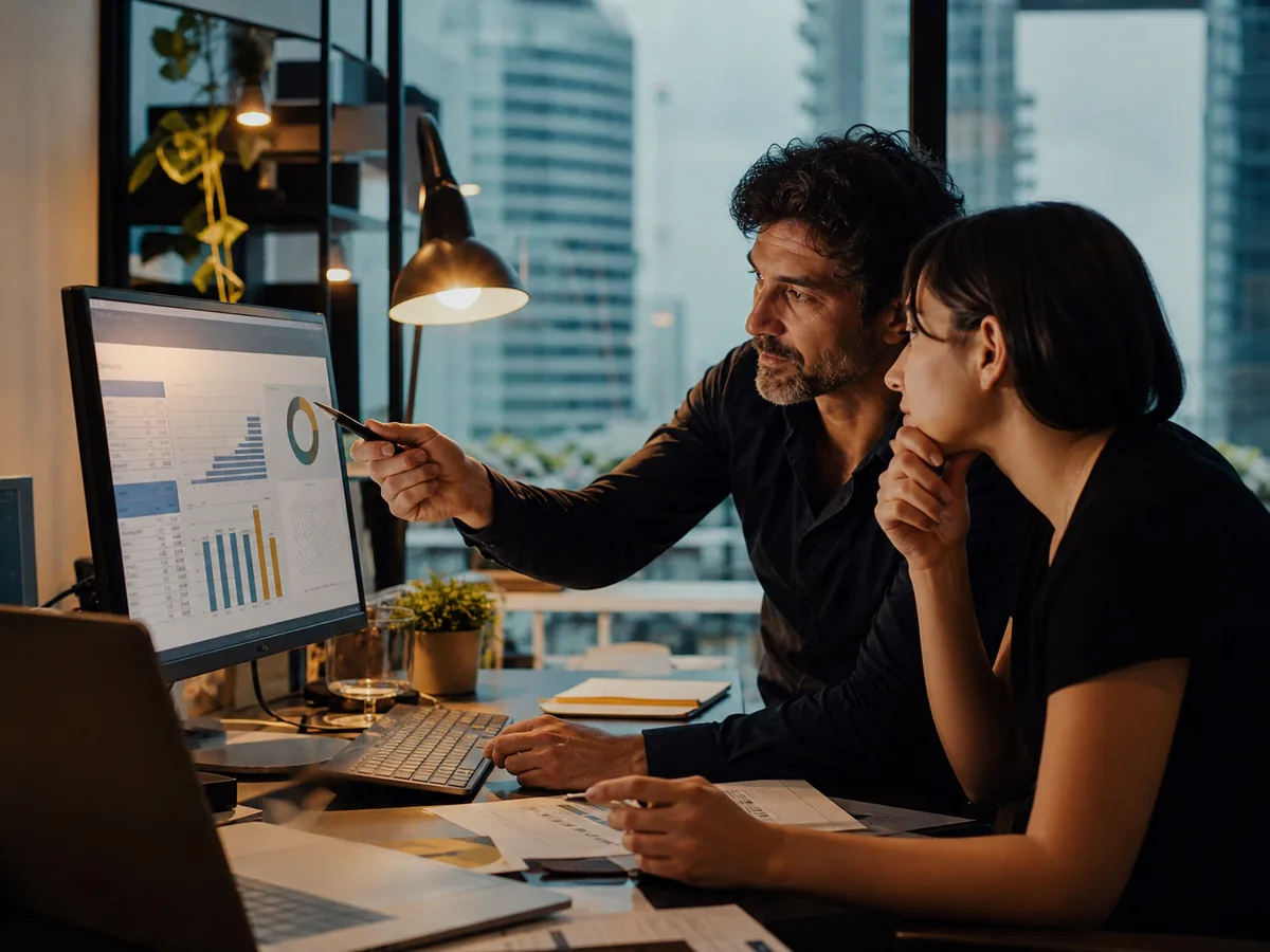 Owner and bookkeeper reviewing figures on a screen together, small office, daylight