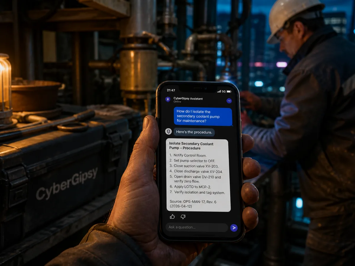 Phone showing a chat where a worker asks a question and receives a procedure with a citation