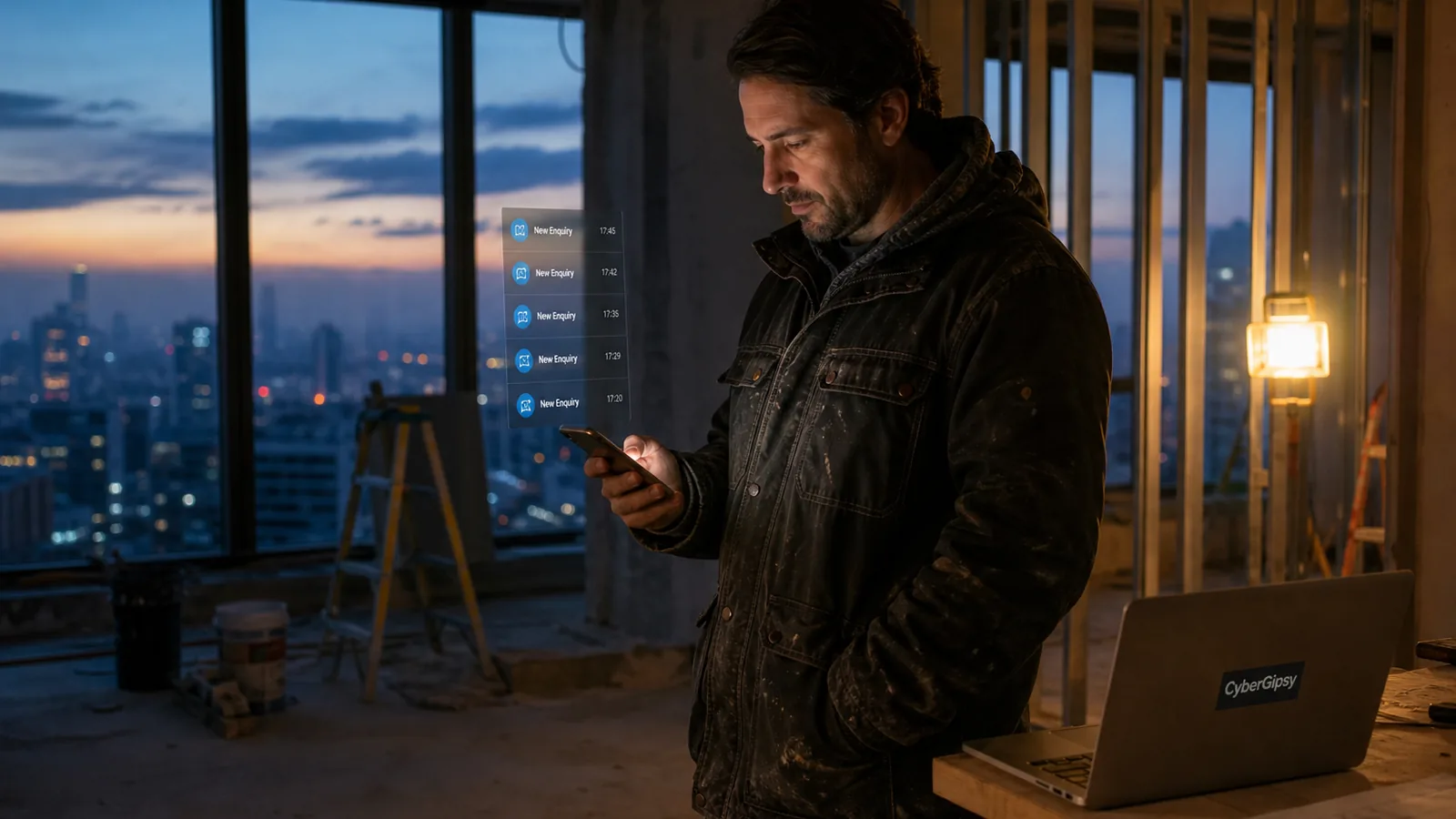 Wide shot of a contractor in a work jacket standing in a half-finished apartment at dusk, looking at a phone that shows a
