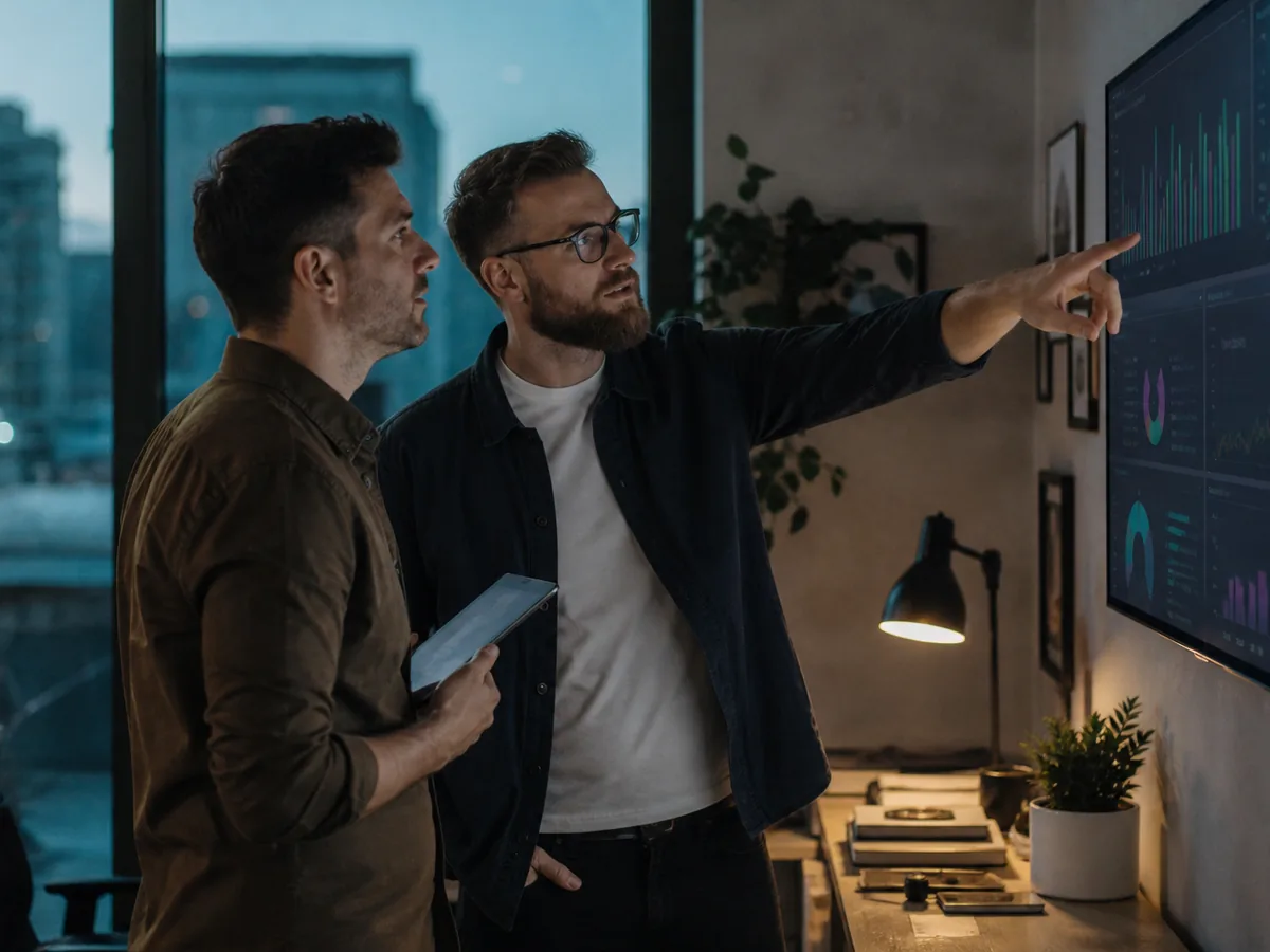 Two business owners in a small office reviewing a wall-mounted screen with lead numbers, one pointing, both