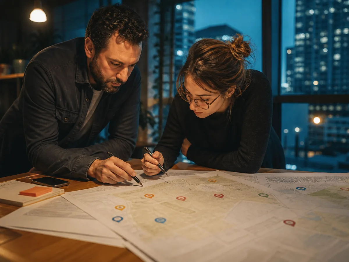 Marketer and business owner reviewing printed local keyword maps on a table, daylight, focused