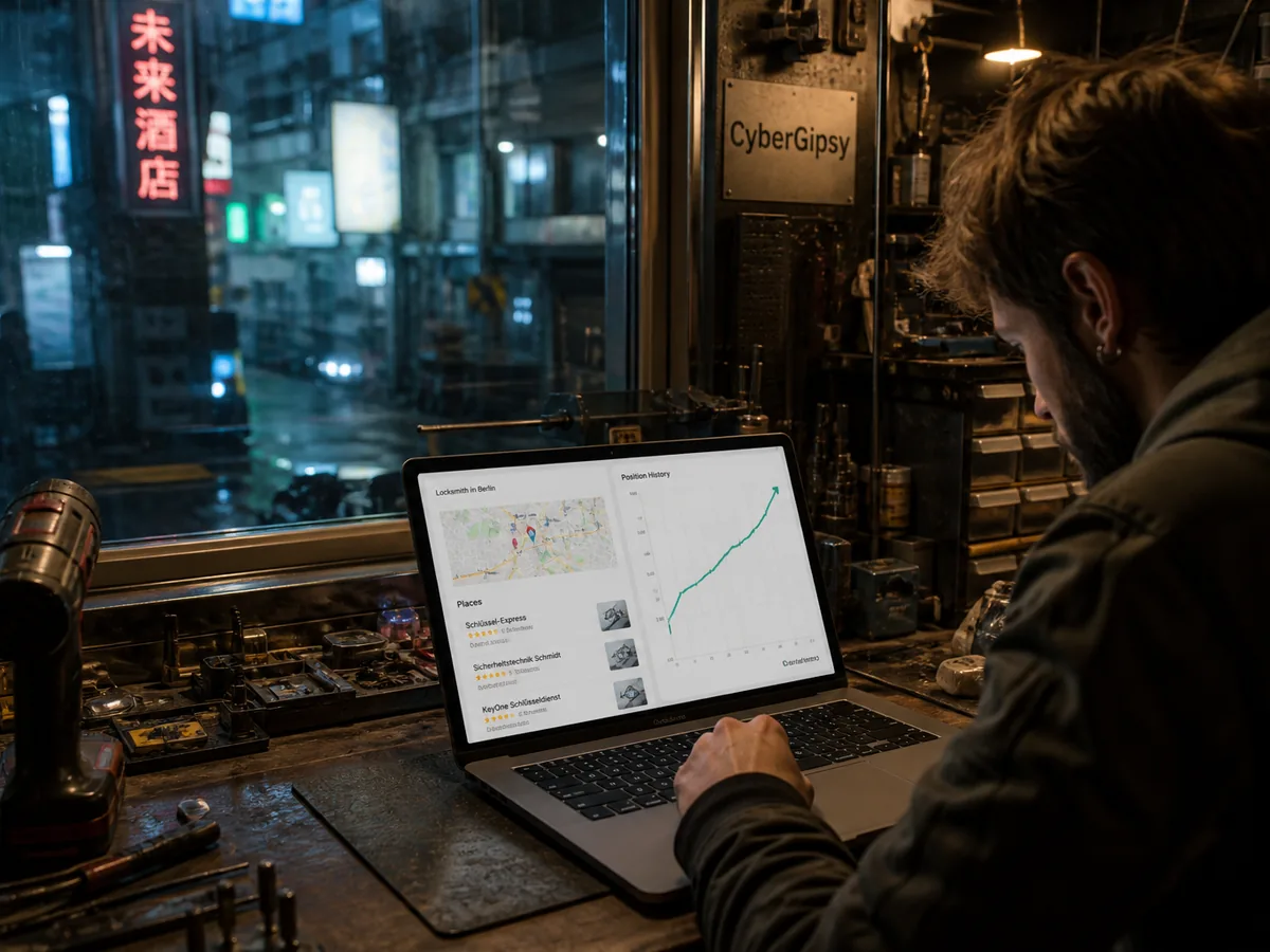 Laptop screen showing a map pack result and a rising position chart, on a workbench with tools
