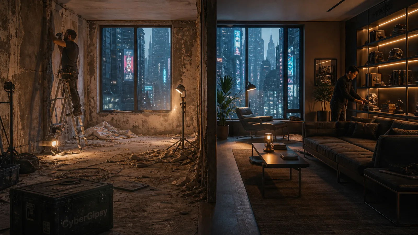 Split composition of a room before and after renovation, same angle, dramatic natural light, editorial architectural