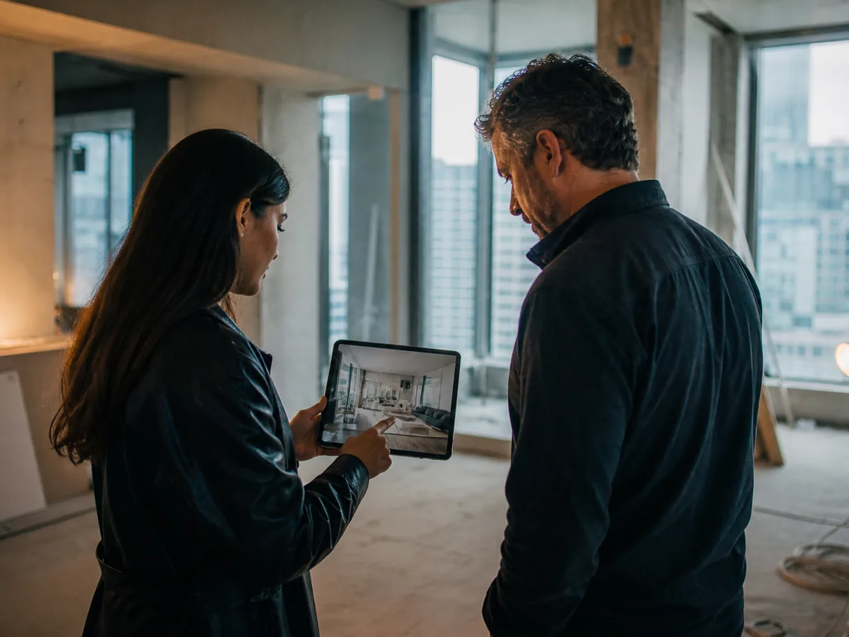 A designer showing a client a tablet with a visualisation, in an unfinished apartment, daylight