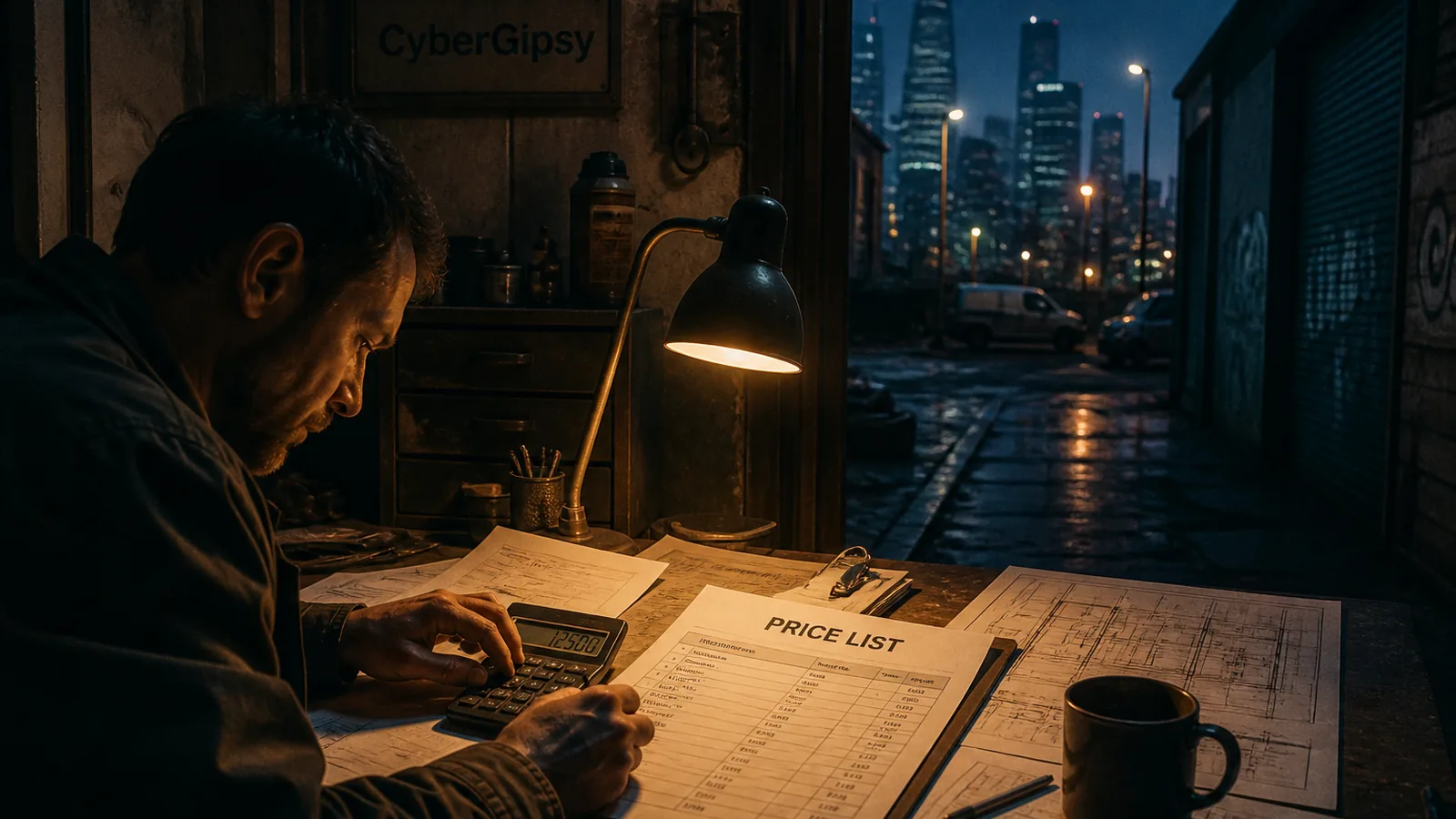 A price list and calculator on a desk under a single warm lamp, blueprints partly visible, dark surroundings, still life