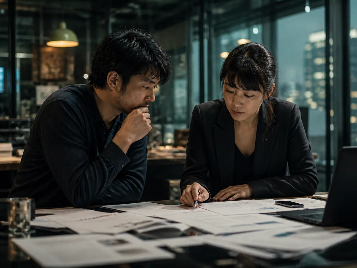 Owner and accountant reviewing figures across a table, serious, daylight
