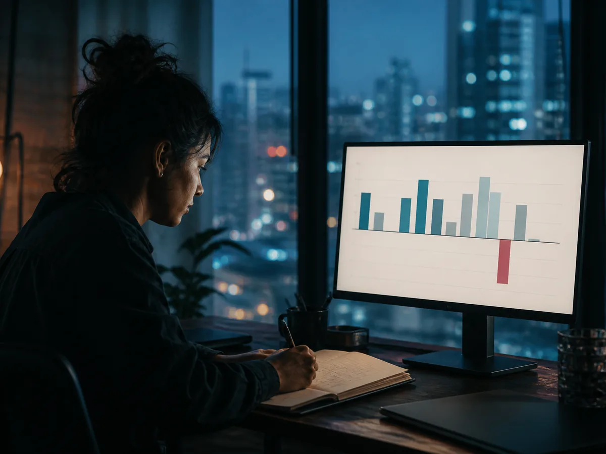 Monitor showing a margin-by-service chart with one bar clearly negative, notebook beside it