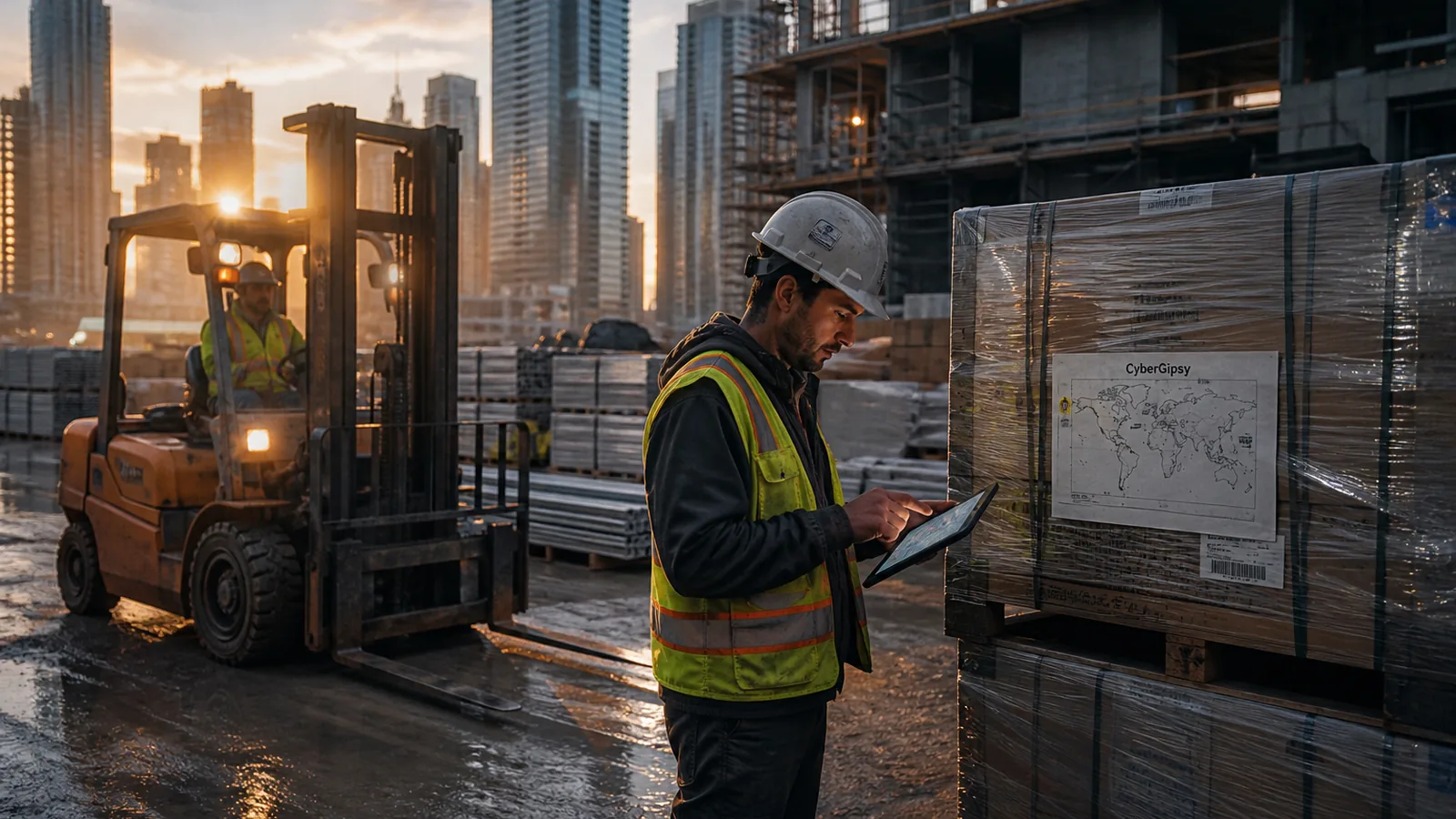 Materials being delivered to a construction site at sunrise, forklift and pallets, worker checking a tablet against the