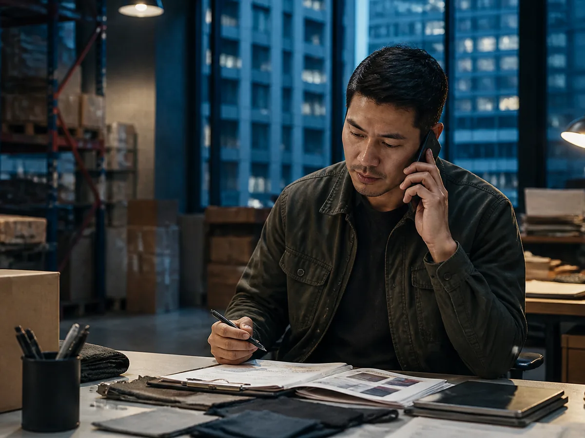 Buyer on the phone in a warehouse office, papers and samples on the desk