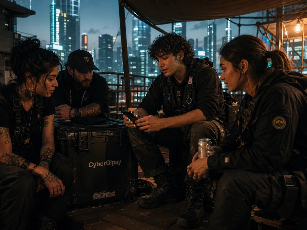 Crew gathered briefly at end of shift, one holding a phone, tired but relaxed, warm evening light