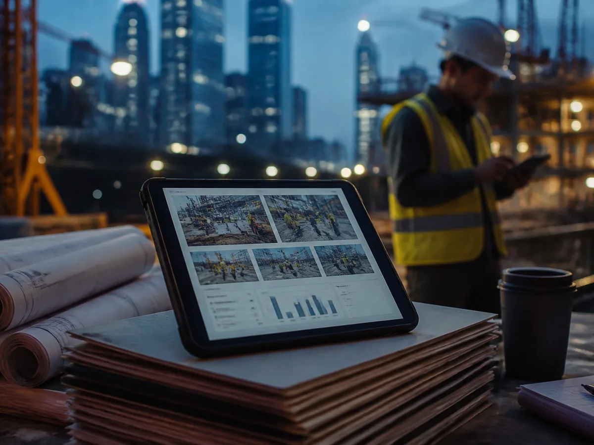 Tablet showing an auto-generated daily site report with photos, resting on a stack of materials