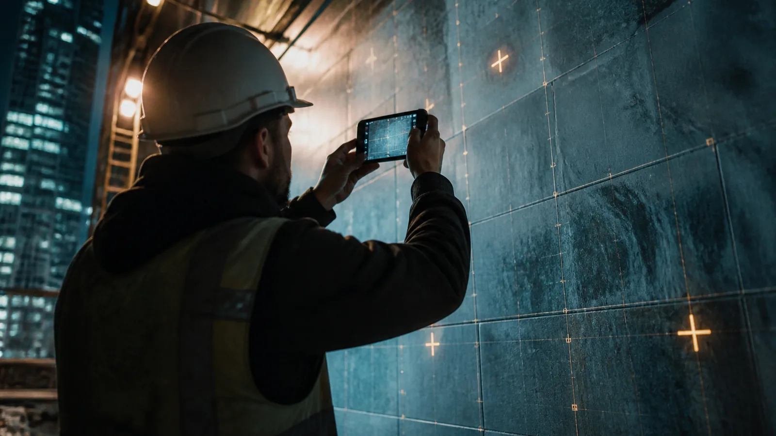 A worker photographing a newly tiled wall with a phone, subtle overlay of analysis markers suggested by light, dramatic