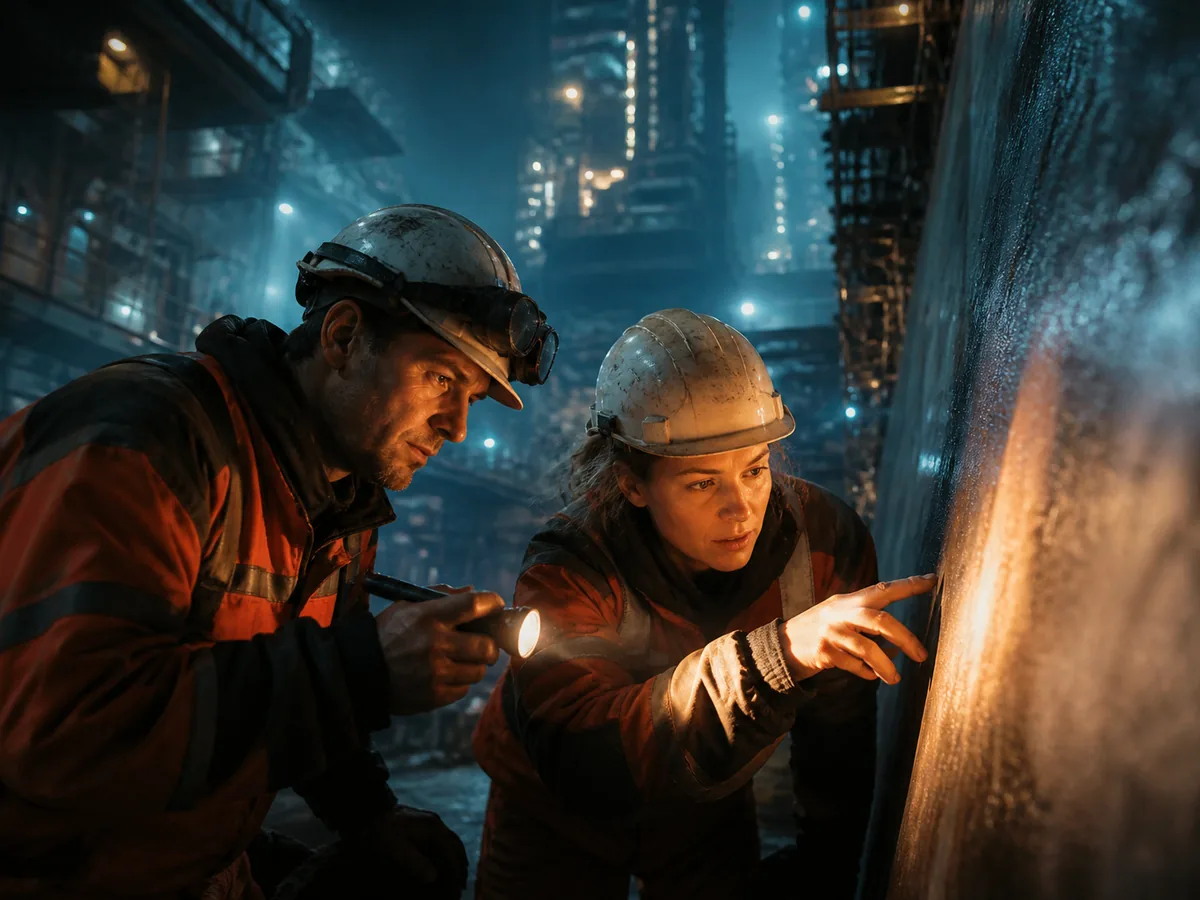 Supervisor and quality inspector examining a finished surface together, torch light, focused