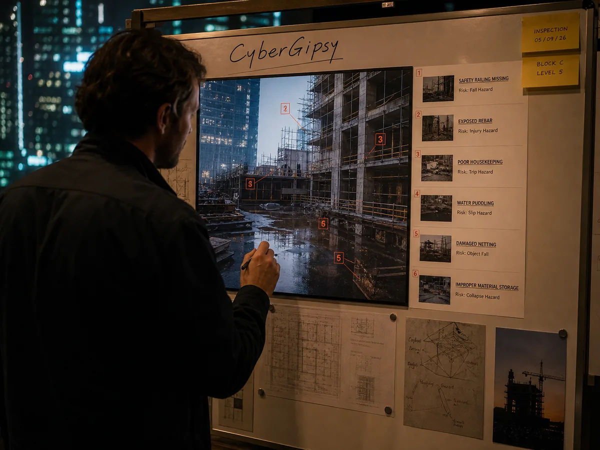 Screen showing a site photo with detected issues highlighted in a list beside it