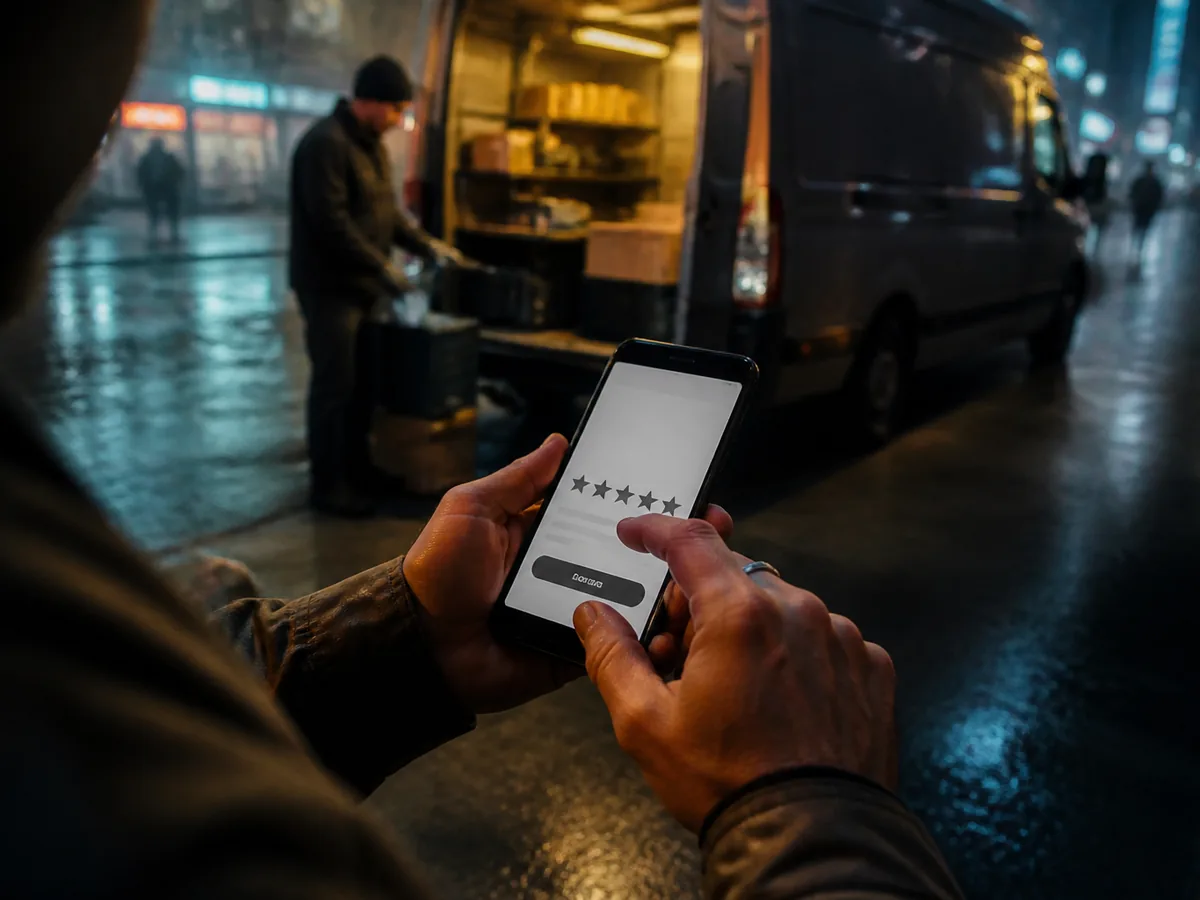 Phone showing a five-star review being submitted, van in soft focus behind