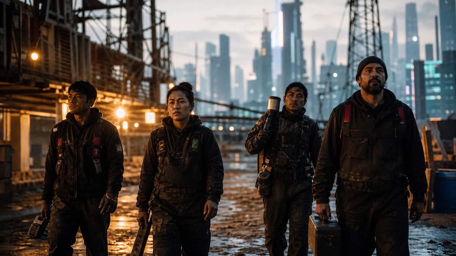 A crew of four walking towards camera across a site at the end of a shift, tools in hand, golden hour, confident and tired