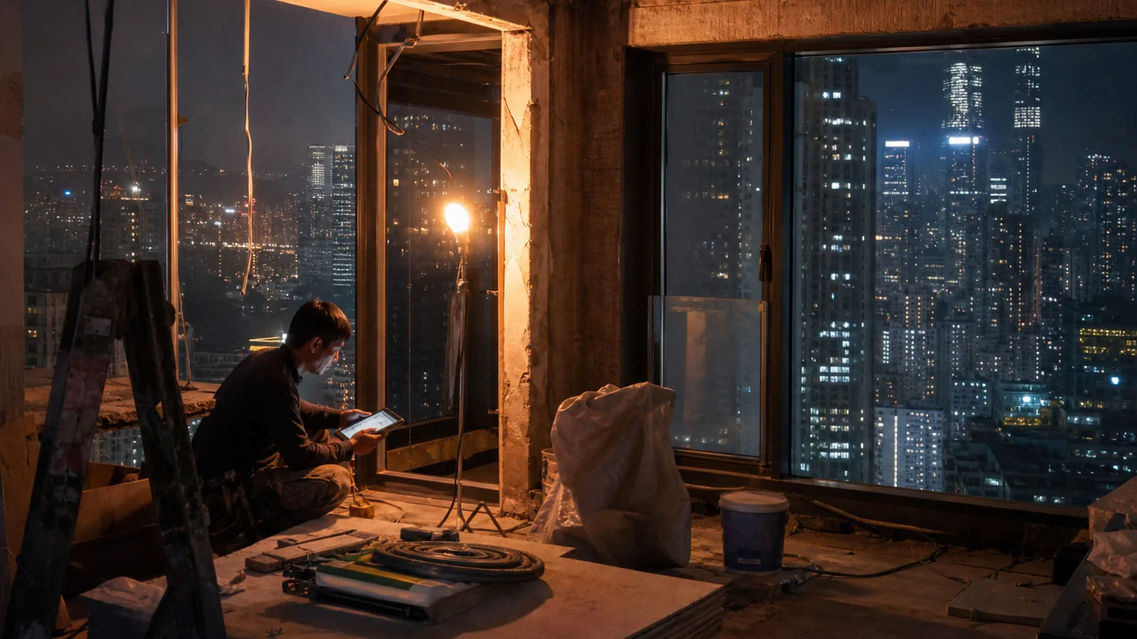 A tradesperson's van parked at dusk on a city street, phone ringing on the dashboard, city lights beyond the windscreen
