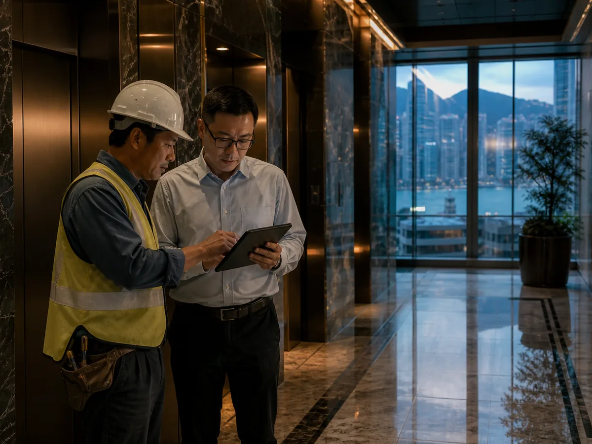 Dispatcher with a headset in a small operations room, wall map behind, focused expression