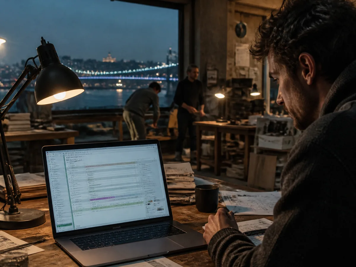 Monitor showing a page speed report with green scores, coffee and notebook beside it